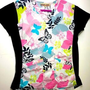 greentown Medical Scrub Top, Black with Butterfly Pattern, Pink Blue, Size (S)